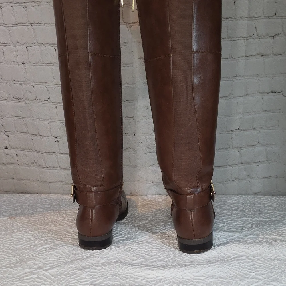 Tommy Hilfiger SHAHAR Brown Leather Riding Boots Gold H Buckle Wide Calf siz 7.5